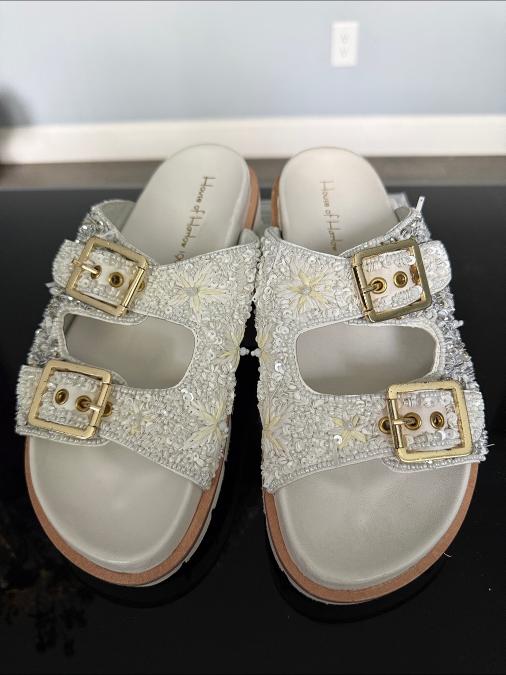 House of Harlow 1960 White Embellished Double-Buckle Slide Clogs